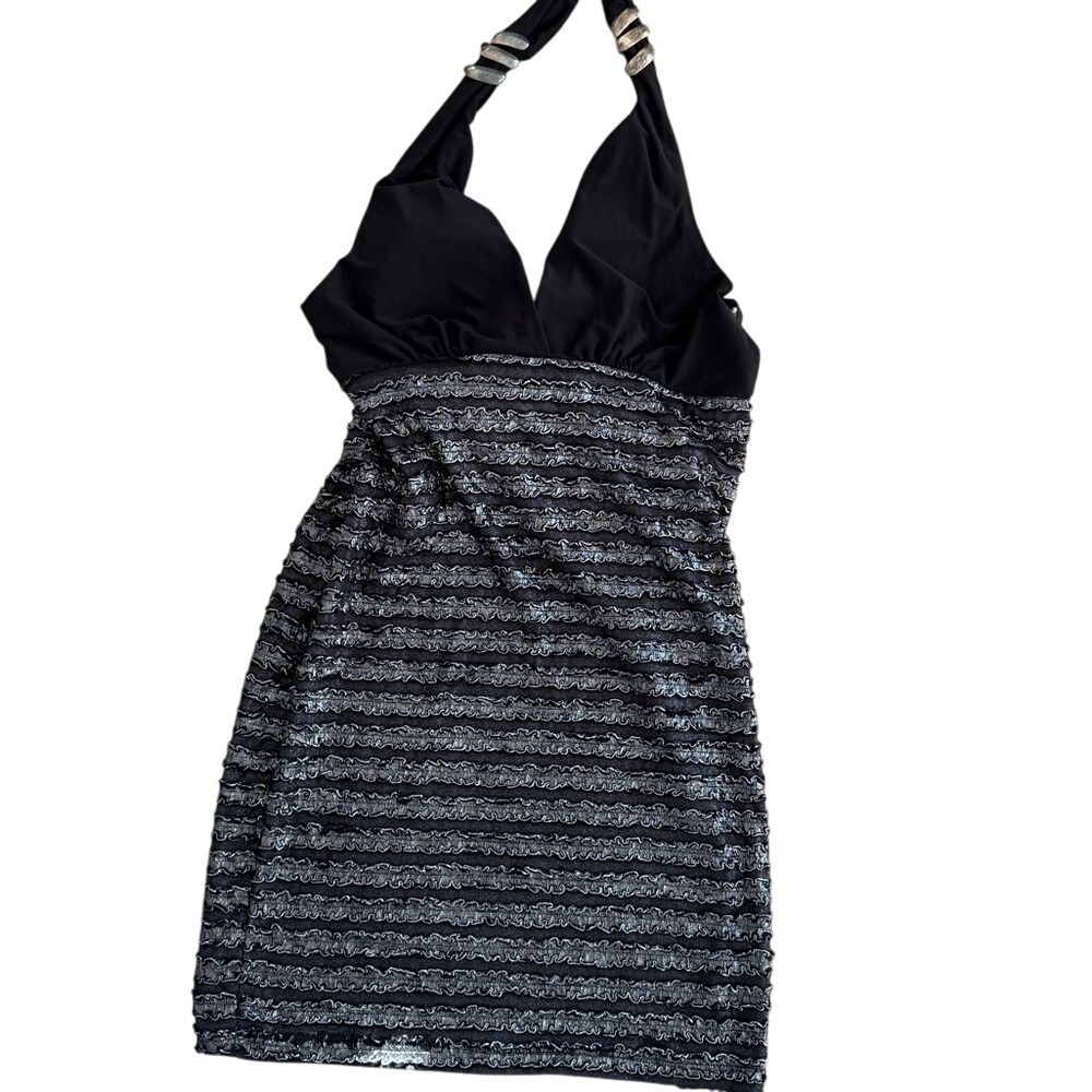 Loo'n Me Y2K Black Sequin Ruffle Halter Mini Dress Silver Hardware Large EUC